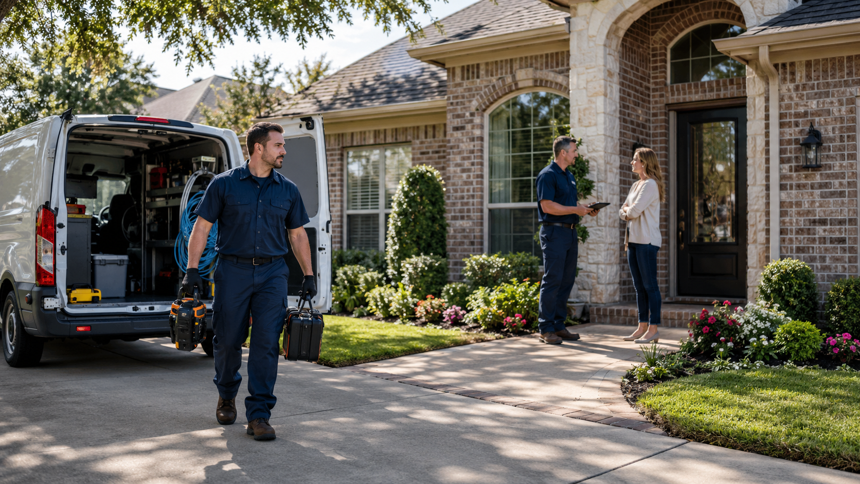 Professional slab leak detection and repair technicians arriving at a Plano home.
