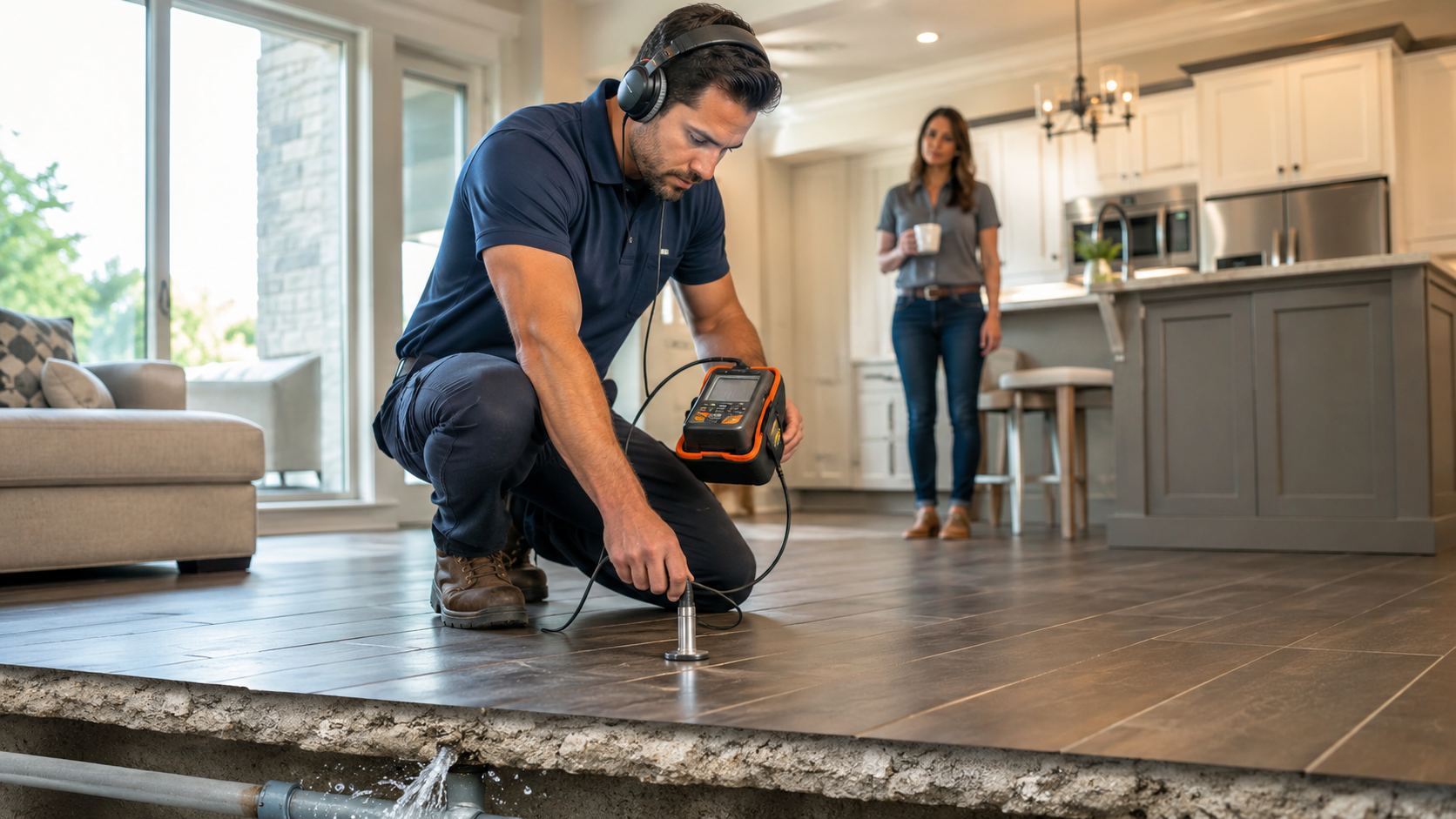 Plano slab leak detection technician using acoustic leak detection equipment inside a home.