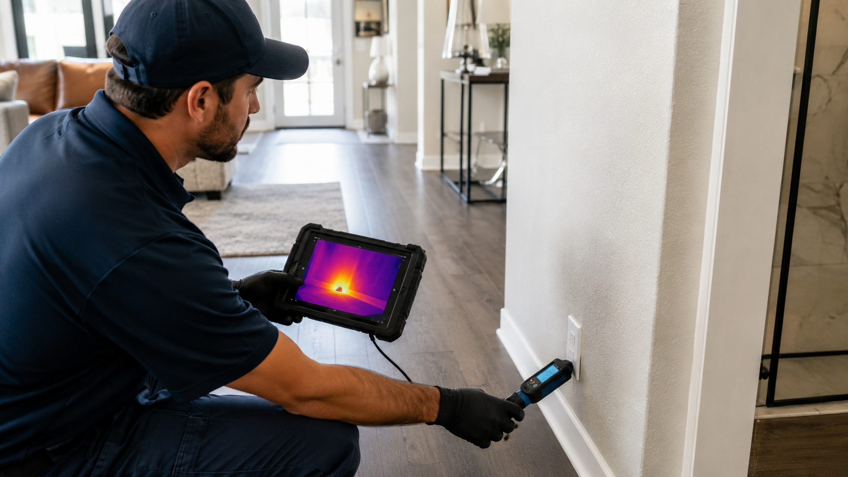 Technician using thermal imaging and moisture detection tools to locate a hidden slab leak.